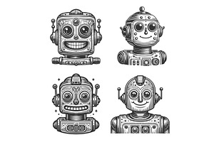 Cheerful Retro Robots engraving, an Illustration by AlexArt
