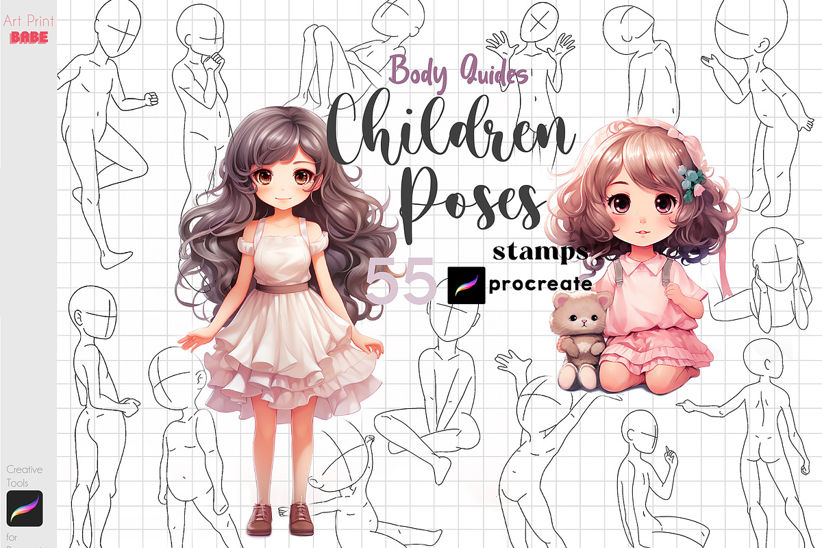 Procreate Children Poses Body Guides, a Brush Add-On by ArtPrintBabe (Photo 1 of 5)