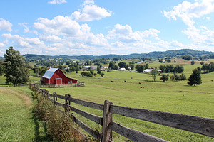 Rural farm landscape features a red barn surrounded by lush green fields and di, a Nature Photo by AlyaAnd