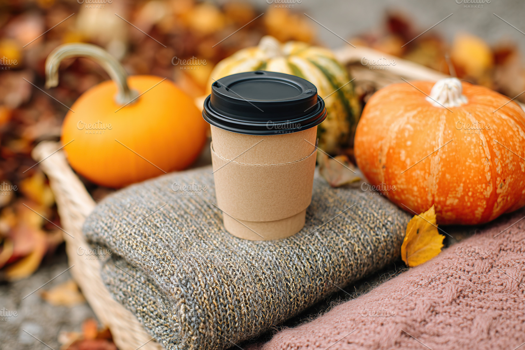 Paper cup and kraft box mockup displayed on a cozy blanket with pumpkins in aut, a Food & Drink Photo by AlyaAnd