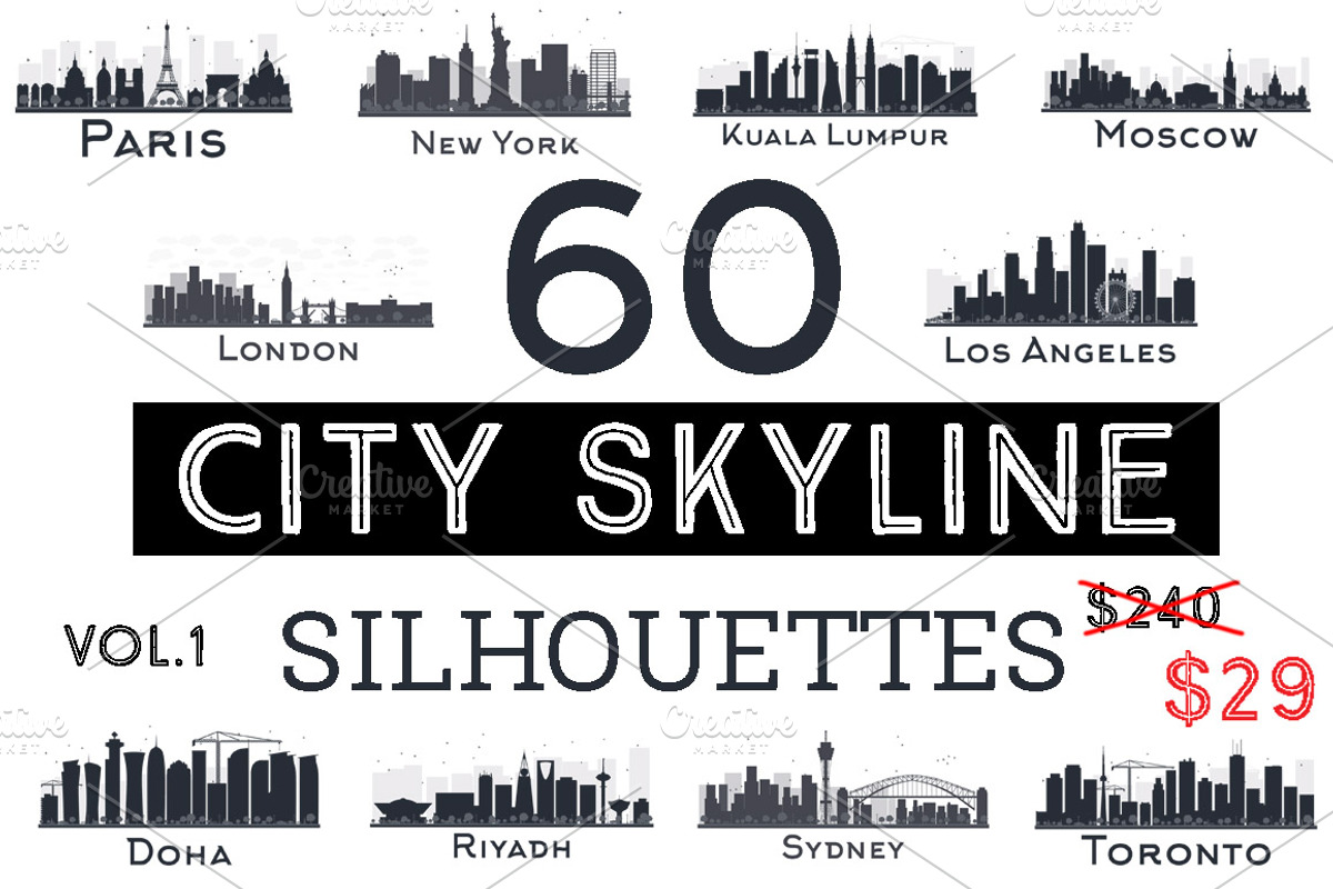60 City Skyline Silhouettes Set, an Illustration by Booblgum (Photo 1 of 10)