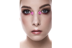 A womans face closeup with pink, a Beauty & Fashion Photo by korabkova