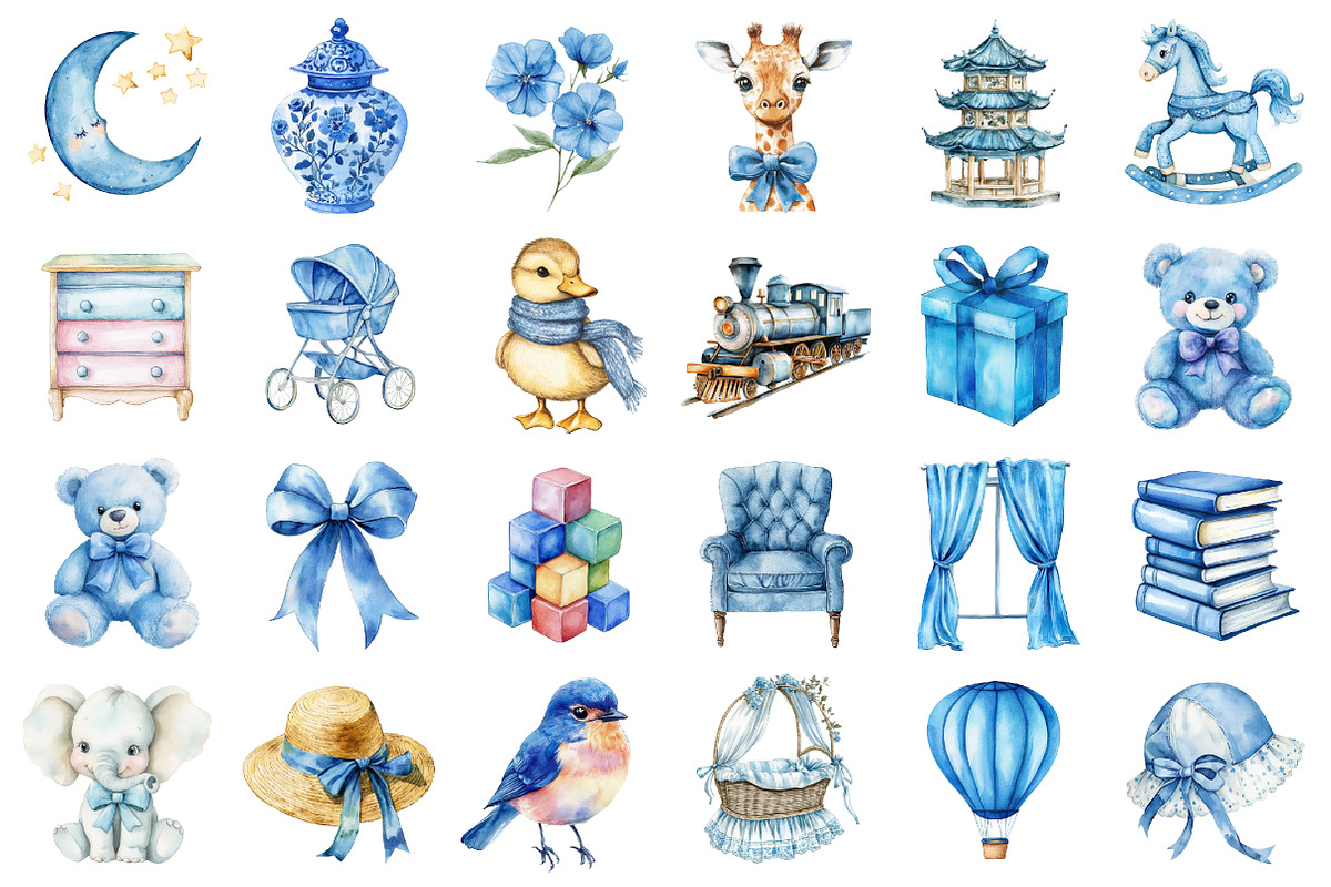 Watercolor Blue Nursery Clipart, a Seasonal Illustration by designcity5 (Photo 2 of 5)