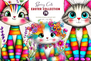 Whimsical Spring Cats Clipart, an Illustration by CreationArt