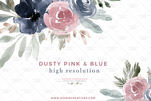 Dusty Pink & Blue Watercolor Flowers