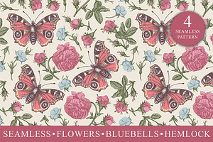 Seamless Flowers Roses Butterflies