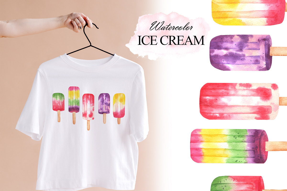 Colorful watercolor ice cream, a Food Illustration by OlDm_Shop (Photo 5 of 10)