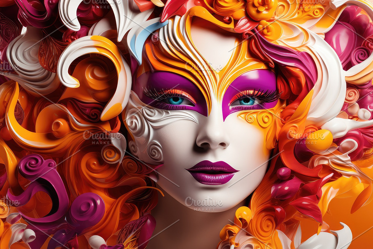 Opulent Golden Masquerade Mask Adorned with Purple Feathers and, a Seasonal Illustration by José Manuel Gelpi