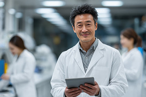 Scientist in lab coat holds tablet s, a Photo by Pixeness Studio