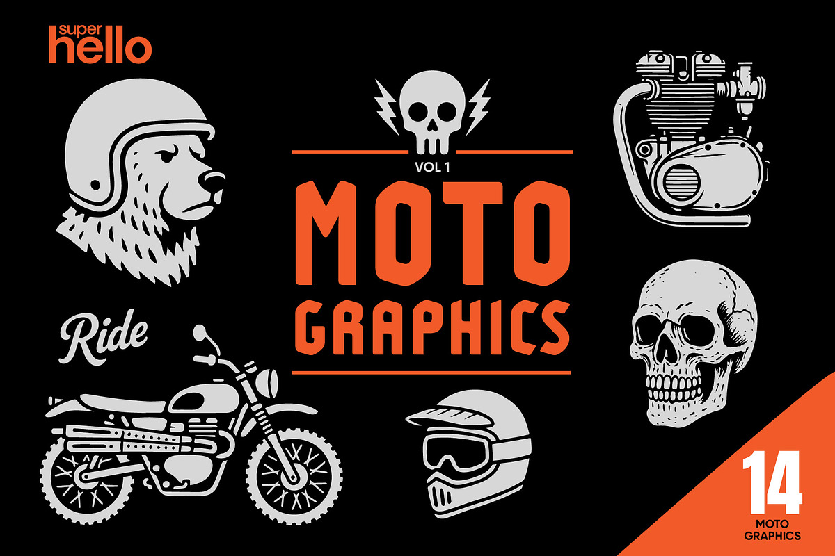 Moto - 14 retro motocycle graphics, an Object Graphic by Super Hello (Photo 1 of 4)