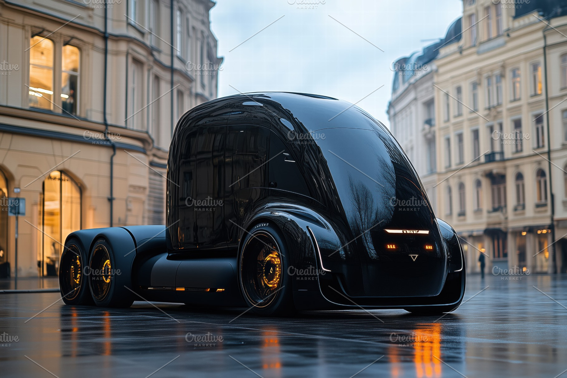 A futuristic black truck with a sleek design parked on a wet street, reflecting, a Transportation Photo by Textures & Backgrounds