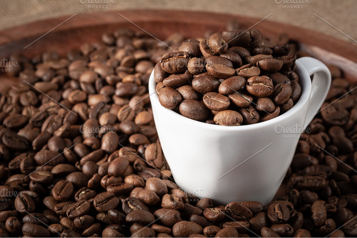 Coffee beans and white cup of coffee, a Food & Drink Photo by Print Haven Mochi Vintage (Photo 2 of 5)