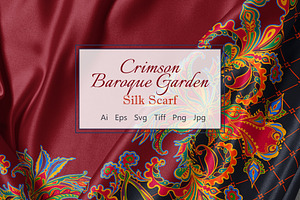Crimson Baroque Garden Silk Scarf