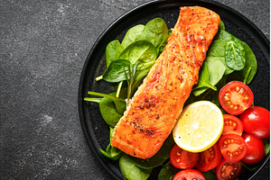 Grilled salmon fillet with fresh, a Food & Drink Photo by Nadia-nb
