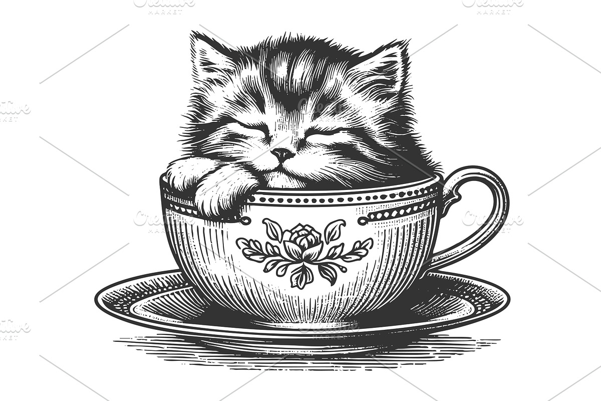 Cute Kitten Sleeping in Teacup, an Animal Illustration by AlexArt