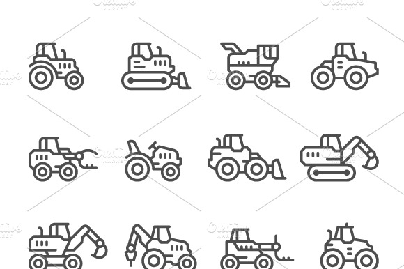 Set Line Icons Of Tractors