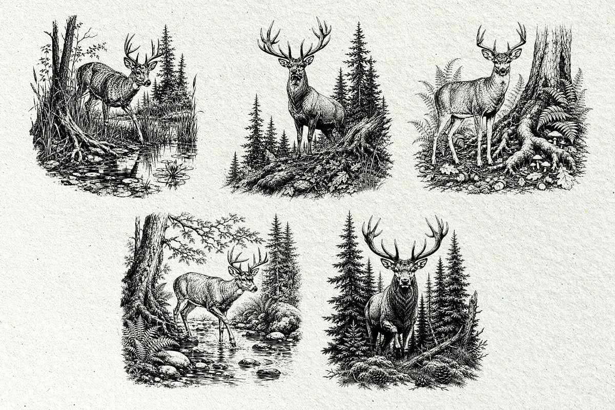 Woodland Deer Engraving Graphics, an Animal Illustration by DENIDigitalArtSudio (Photo 6 of 7)