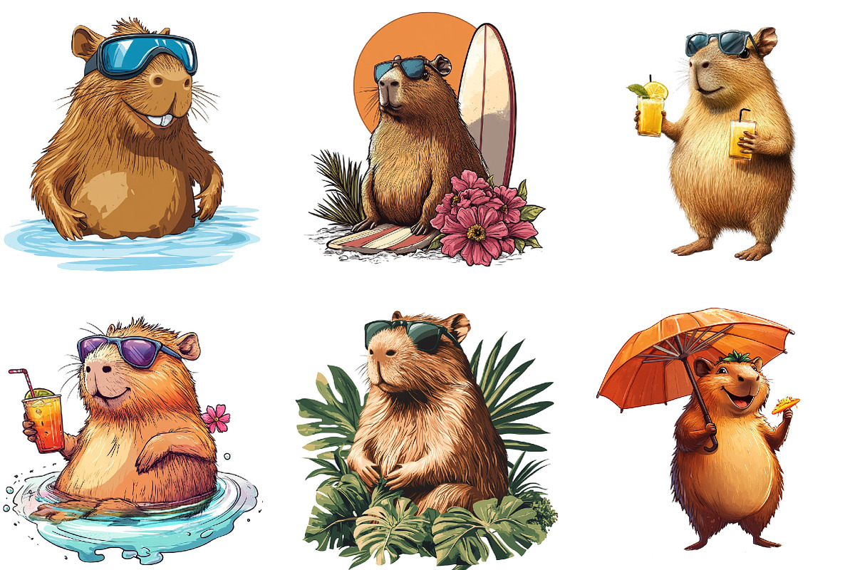 Summer Capybara Clipart Set PNG, an Illustration by Designking (Photo 2 of 5)