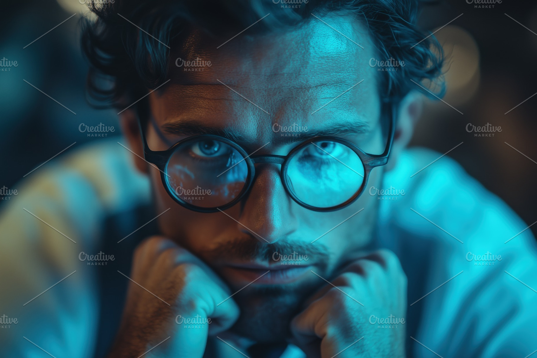 A close-up portrait of a psycholinguist man with curly hair and glasses, lookin, a Person Photo by Textures & Backgrounds