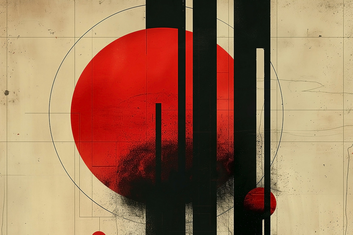 Abstract geometric design featuring bold red circles and vertica, a Decorative Illustration by ImageMir