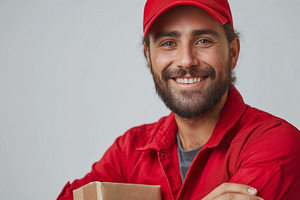 Smiling Hispanic male delivery worker in a red uniform holding a cardboard pack, a Person Photo by ImageMir