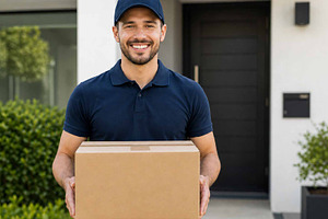 Courier carrying a cardboard box, a Person Photo by Pray Art Design Studio