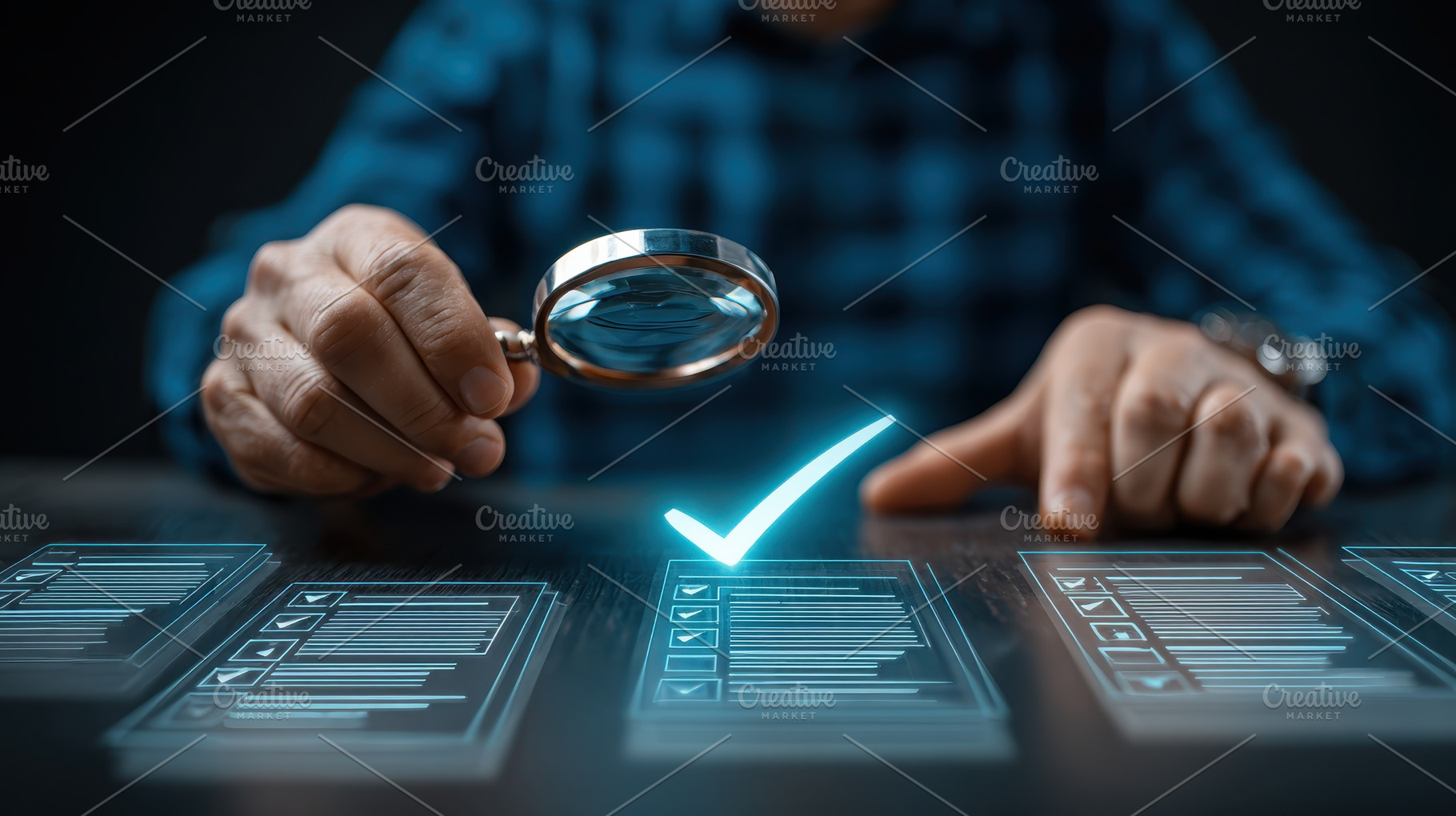 Man reviewing checklist using magnif, a Photo by Pixeness Studio
