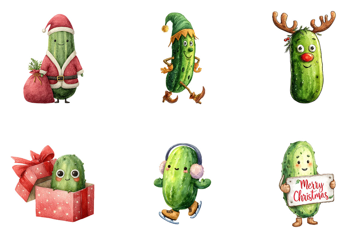 Christmas Kawaii Pickles Clipart, an Illustration by DreamArtGraphic (Photo 2 of 4)