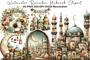 Watercolor Ramadan Mubarak Clipart, an Illustration by Black Bird Studio (Thumbnail 1 of 5)