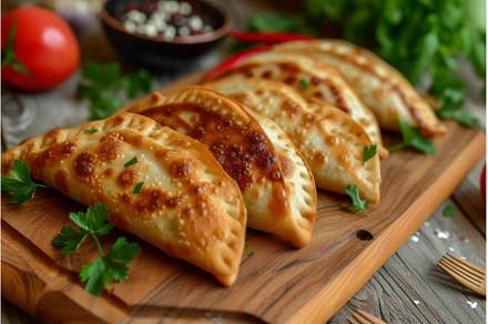 Fresh homemade empanadas on wooden, a Food & Drink Photo by Ylivdesign