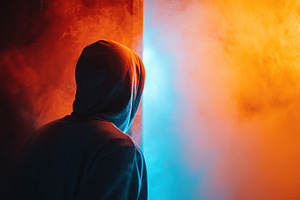 Man in hoodie opens a door illuminated by contrasting blue and orange light wit, a Person Photo by AlyaAnd