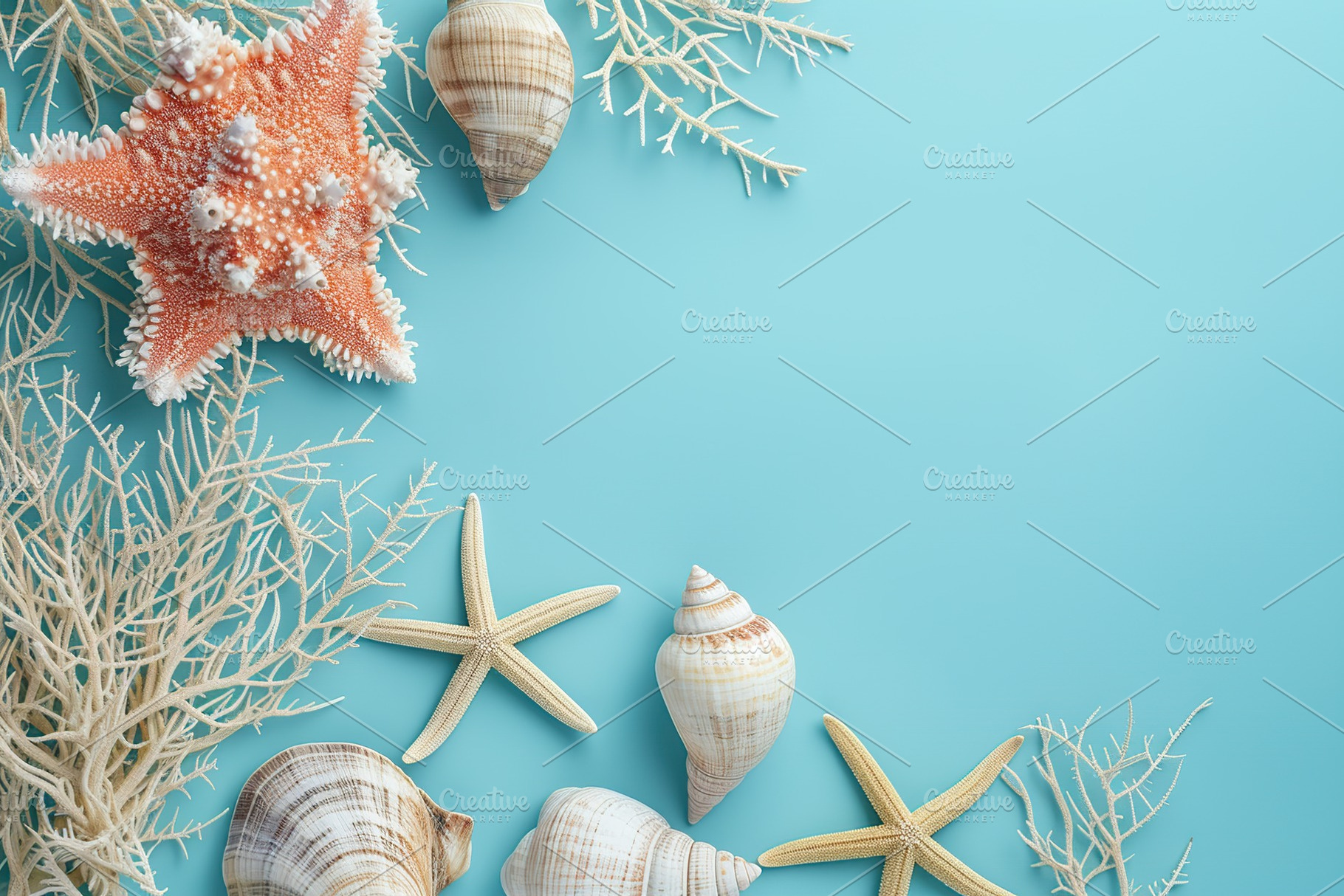 Seashells and starfish on blue background, an Animal Photo by AlyaAnd
