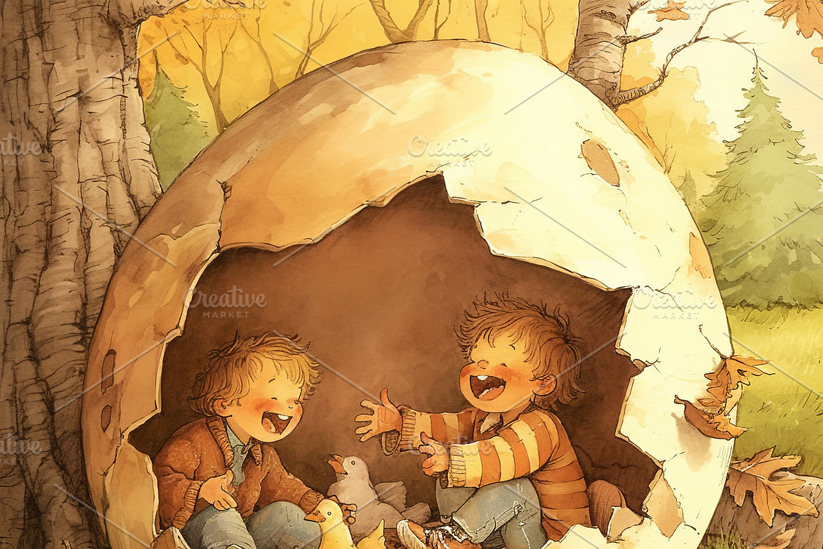 Two joyful children playing inside a large cracked egg outdoors in autumn, an Illustration by AS photostudio