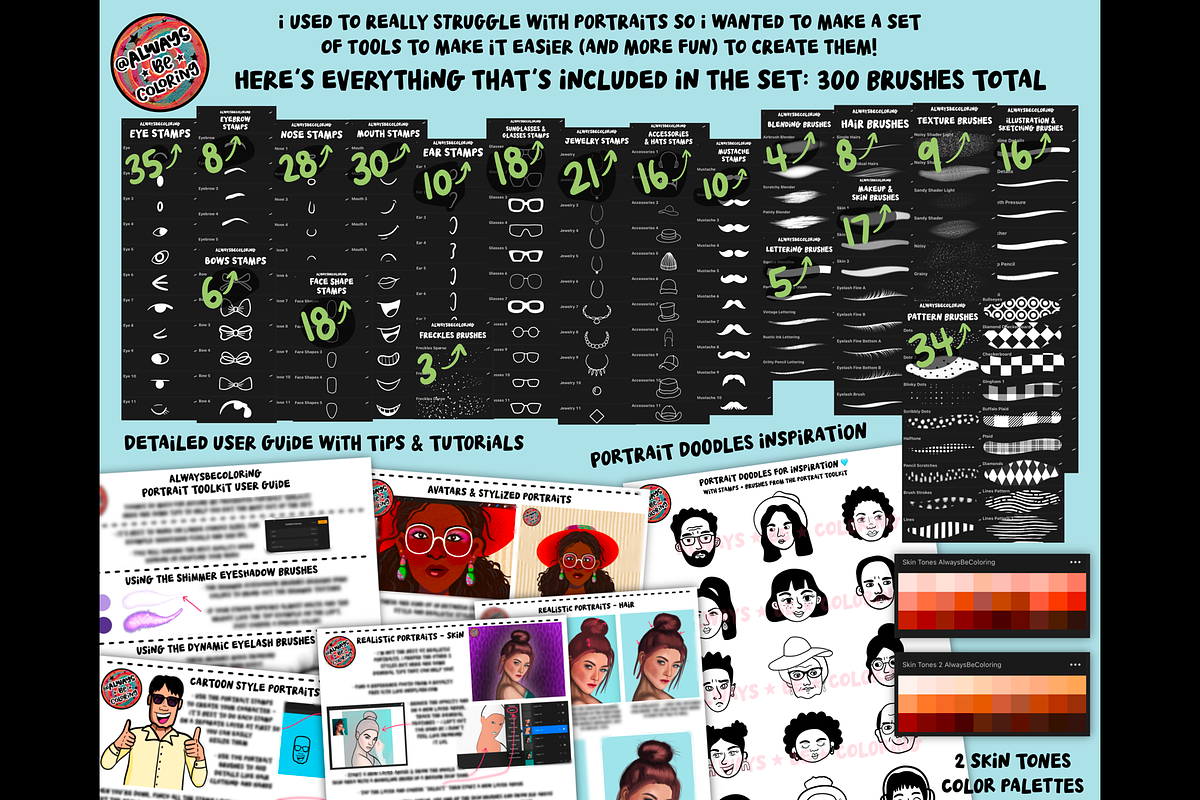Huge Procreate Portrait Toolkit, a Brush Add-On by AlwaysBeColoring (Photo 2 of 10)
