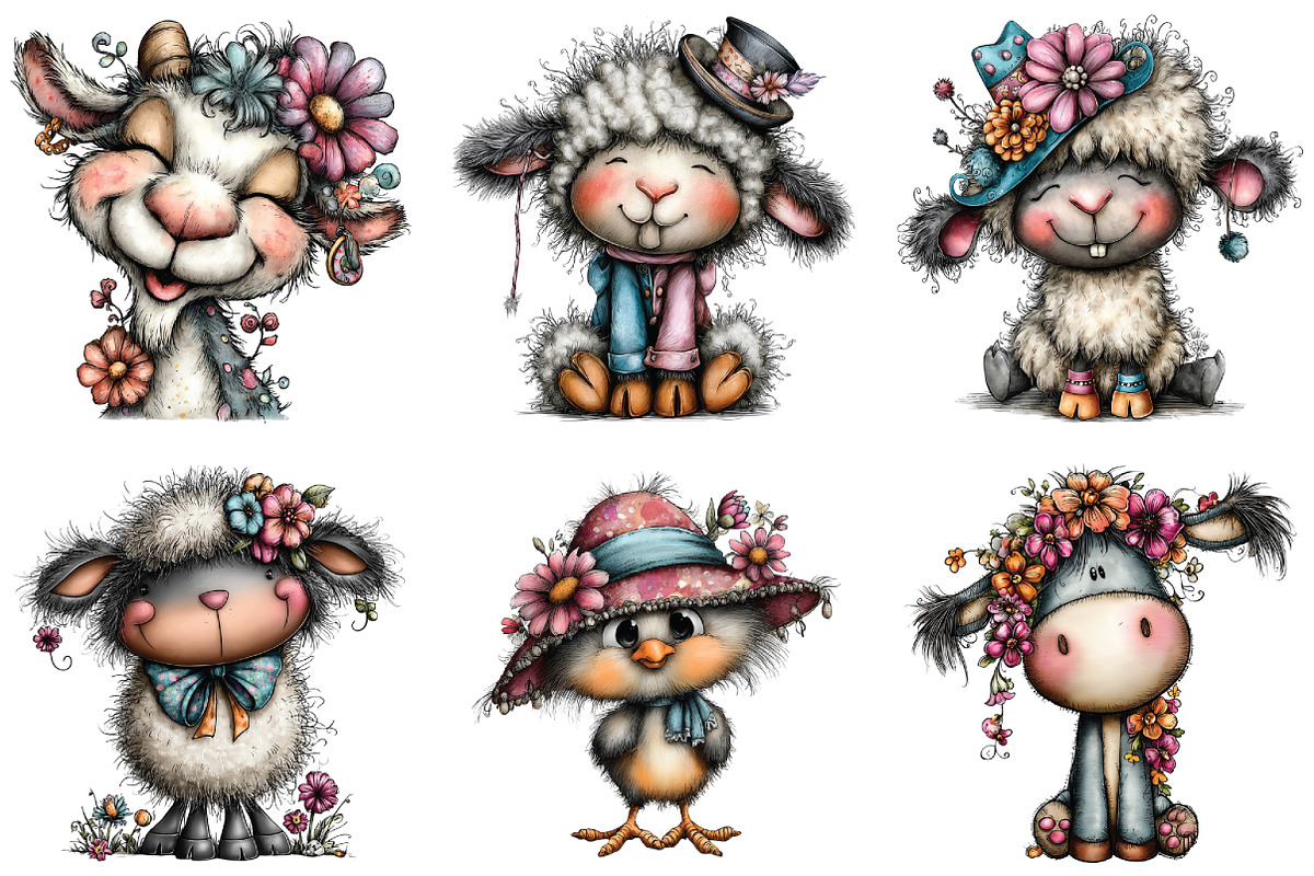 whimsical Funny Farm Animals Clipart, an Illustration by CraftArtStudio (Photo 2 of 6)