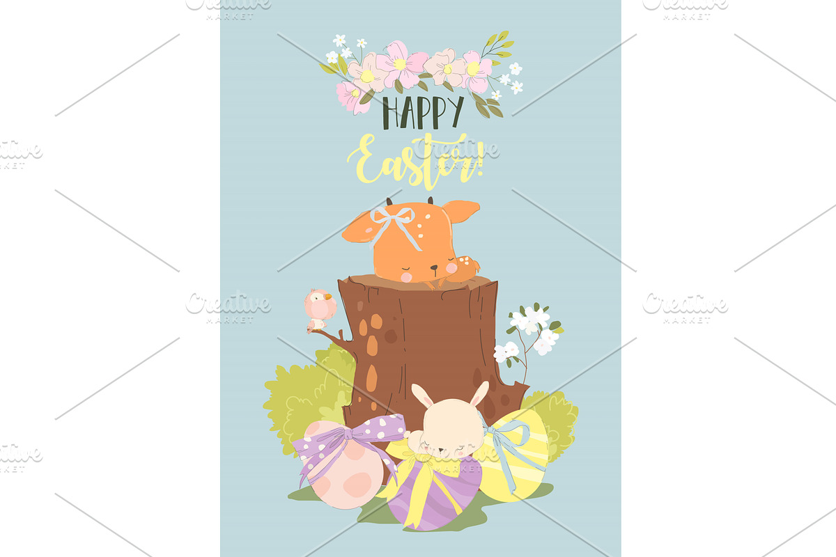 Cute Little Fawn and Rabbit sleeping, an Animal Illustration by Maria Starus