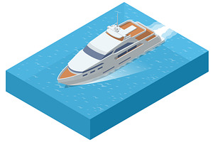 Isometric yacht moving on blue water, a Transportation Illustration by Golden Sikorka