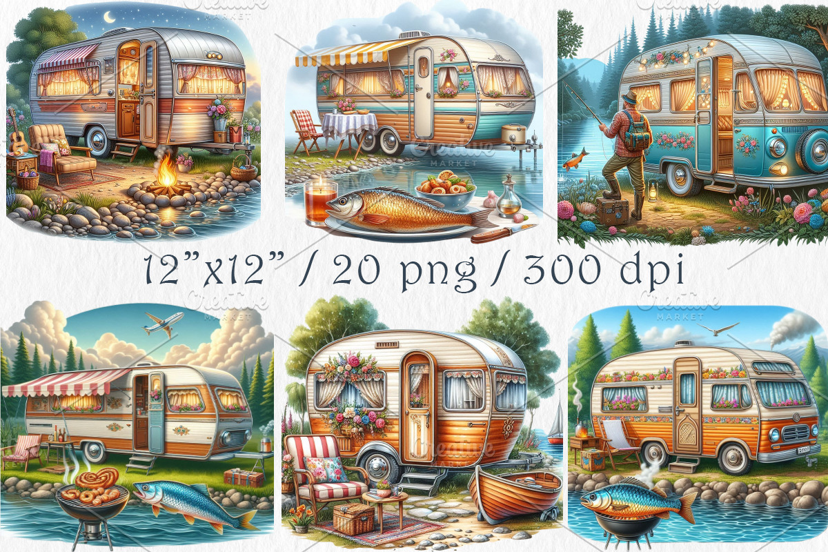Watercolor Camper Trailer Clipart., a Transportation Illustration by GalaDesign03 (Photo 2 of 5)