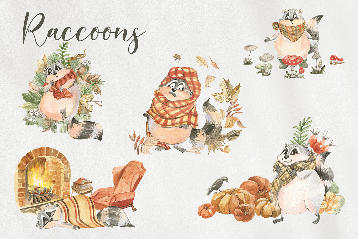 Cute autumn raccoons, an Illustration by Love Watercolor Store (Photo 6 of 11)