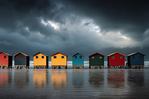 Serene Seascape Colorful Beach Huts, an Architecture Photo by Virgo Studio