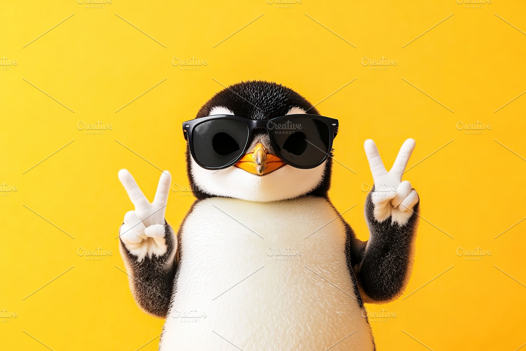 Penguin enjoys a sunny day wearing stylish sunglasses and showing peace signs, an Animal Photo by AlyaAnd