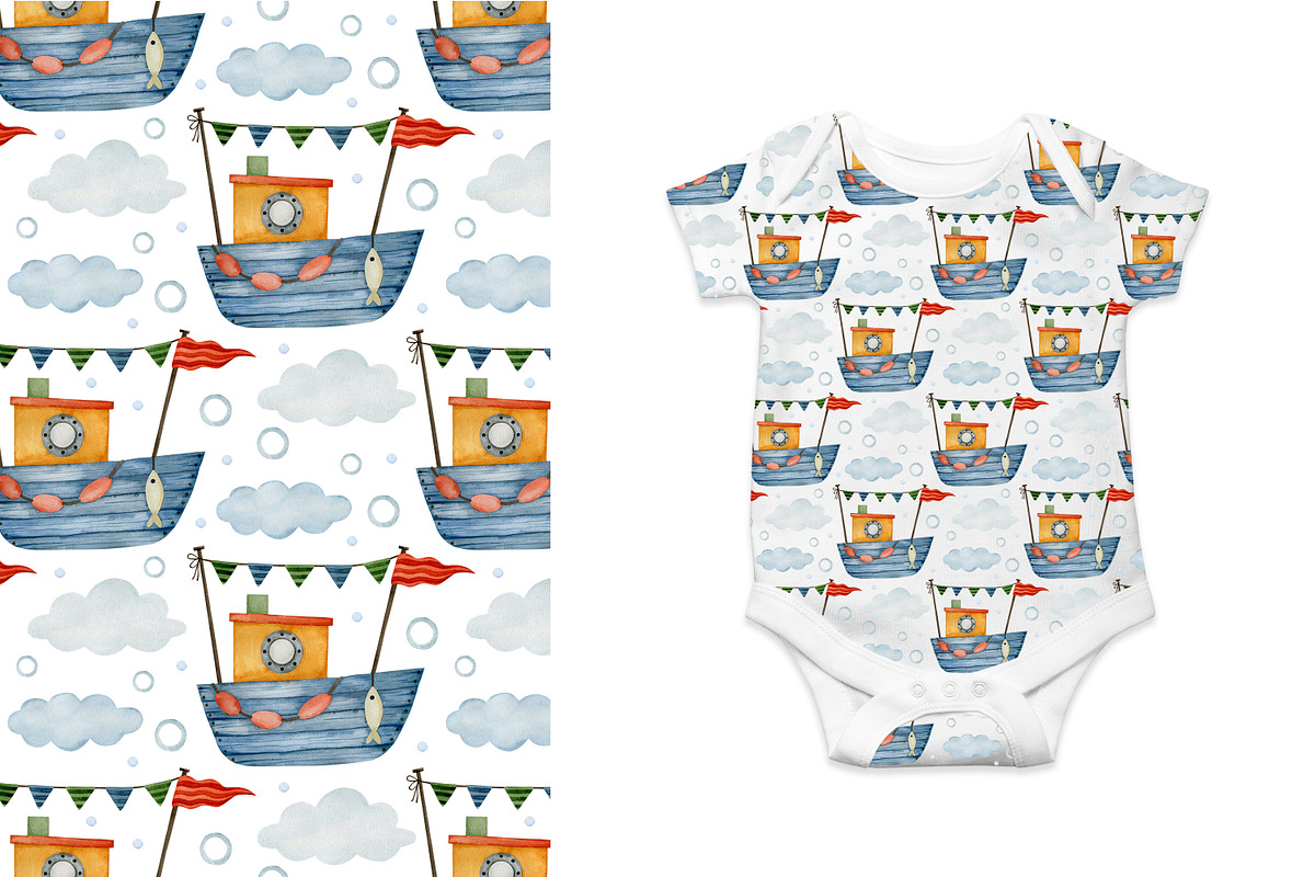 Watercolor Boat seamless patterns., a Decorative Illustration by Kira Konoshenko (Photo 12 of 16)