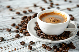 Cup of coffee and coffee beans on white wooden table, a Food & Drink Photo by AlyaAnd