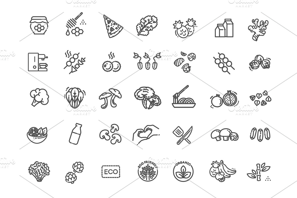Food Vector Icons. Vegan Icons, an Outline Icon by Tettygreen (Photo 3 of 3)