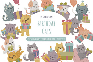 Cats Birthday Clipart Set, an Animal Illustration by Palau