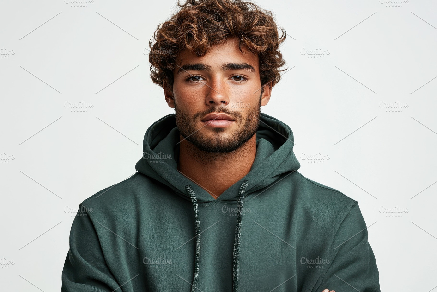 Young man in a green hoodie poses co, a Photo by Tanuart
