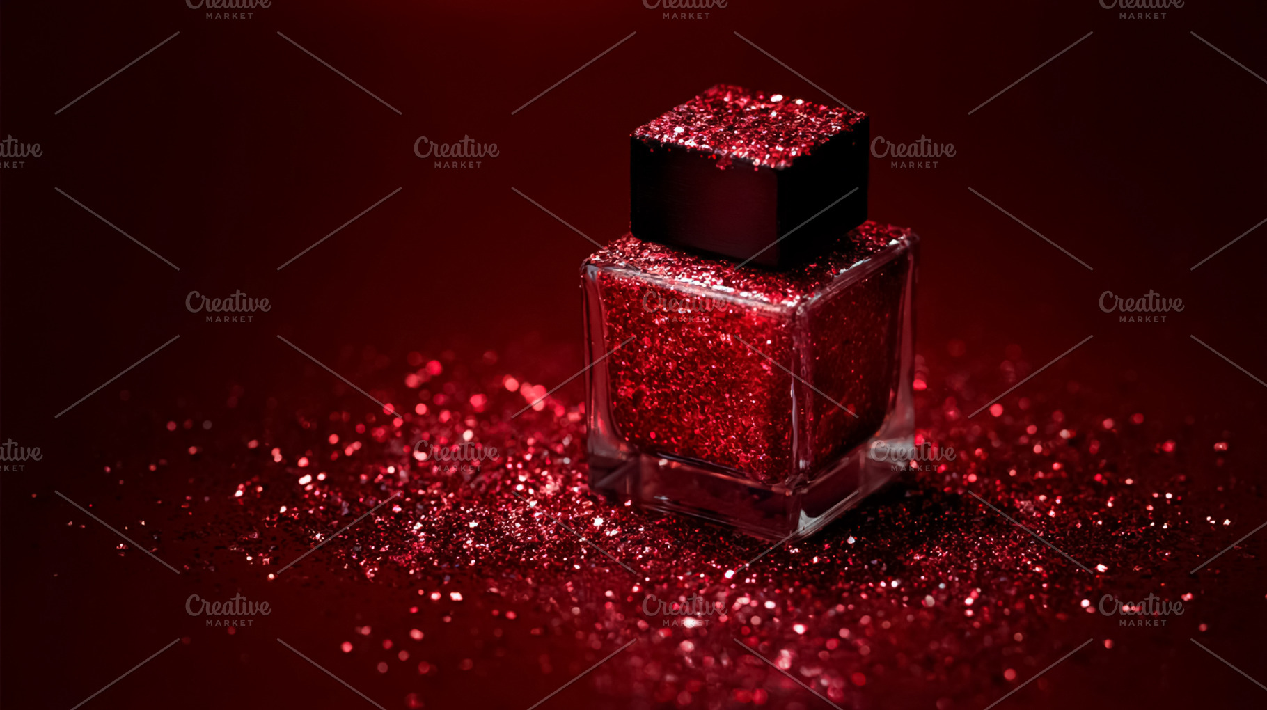 Red glitter cosmetic bottle shimmering on a crimson background,, a Photo by Studio ANNA