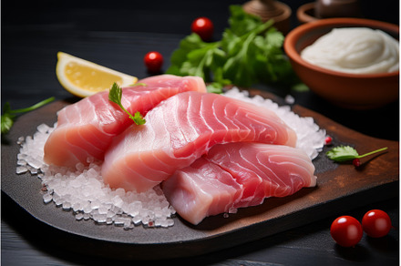 Delicate Raw fish fillet. Generate, a Food & Drink Photo by Ylivdesign