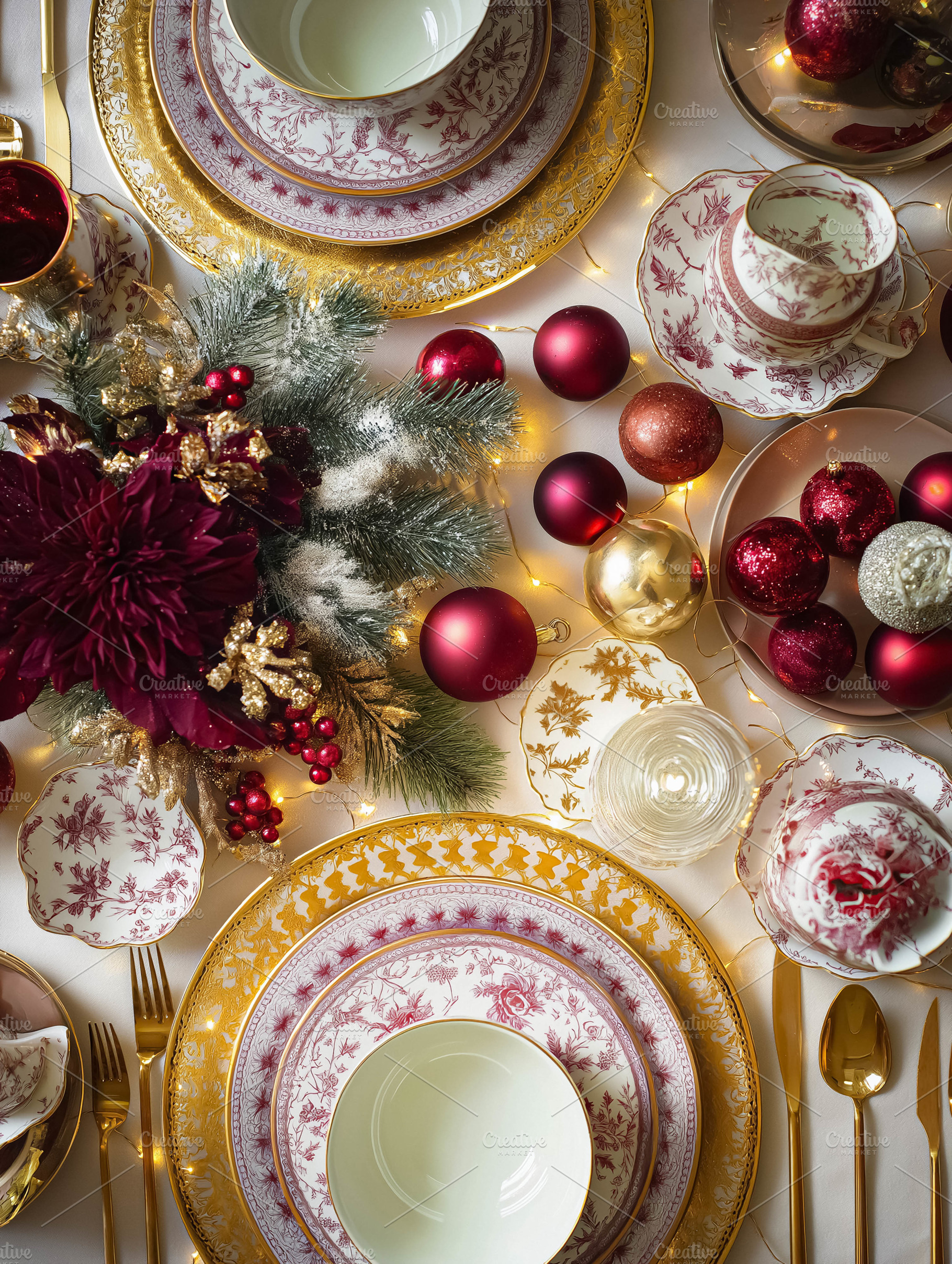 Festive holiday dinner table arrangement featuring elegant chinaware, gold acce, a Food & Drink Photo by Studio ANNA