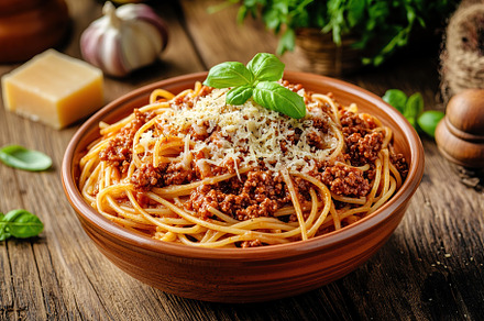 Spaghetti bolognese with ground beef in plate, a Food & Drink Photo by AlyaAnd